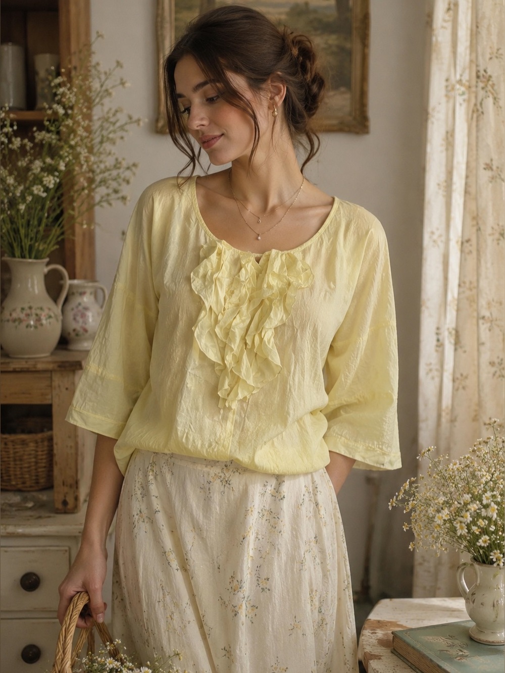 Vintage GAP Silk Blend Ruffle Blouse | Cottagecore Romantic | Lemon Yellow Top